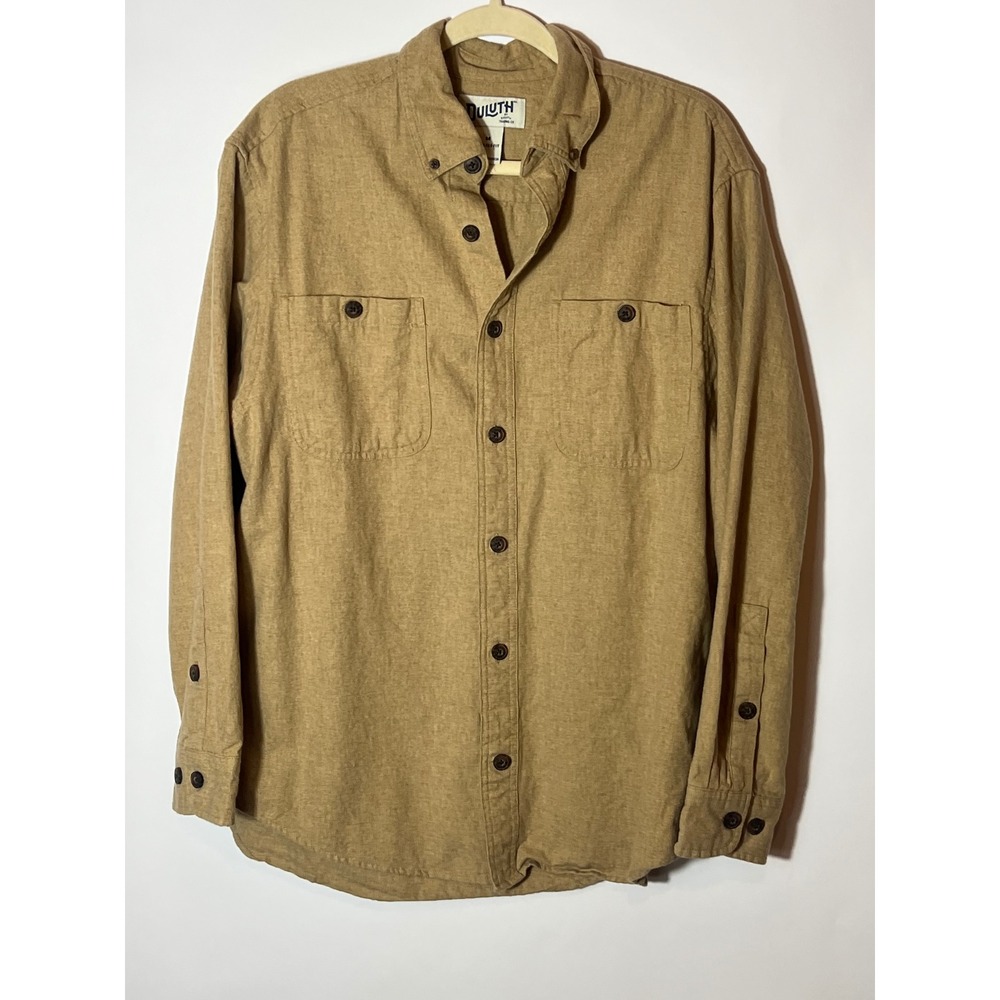 Duluth Trading Co Khaki Button Down Shirt Medium Relaxed Fit Utility Cotton Tan